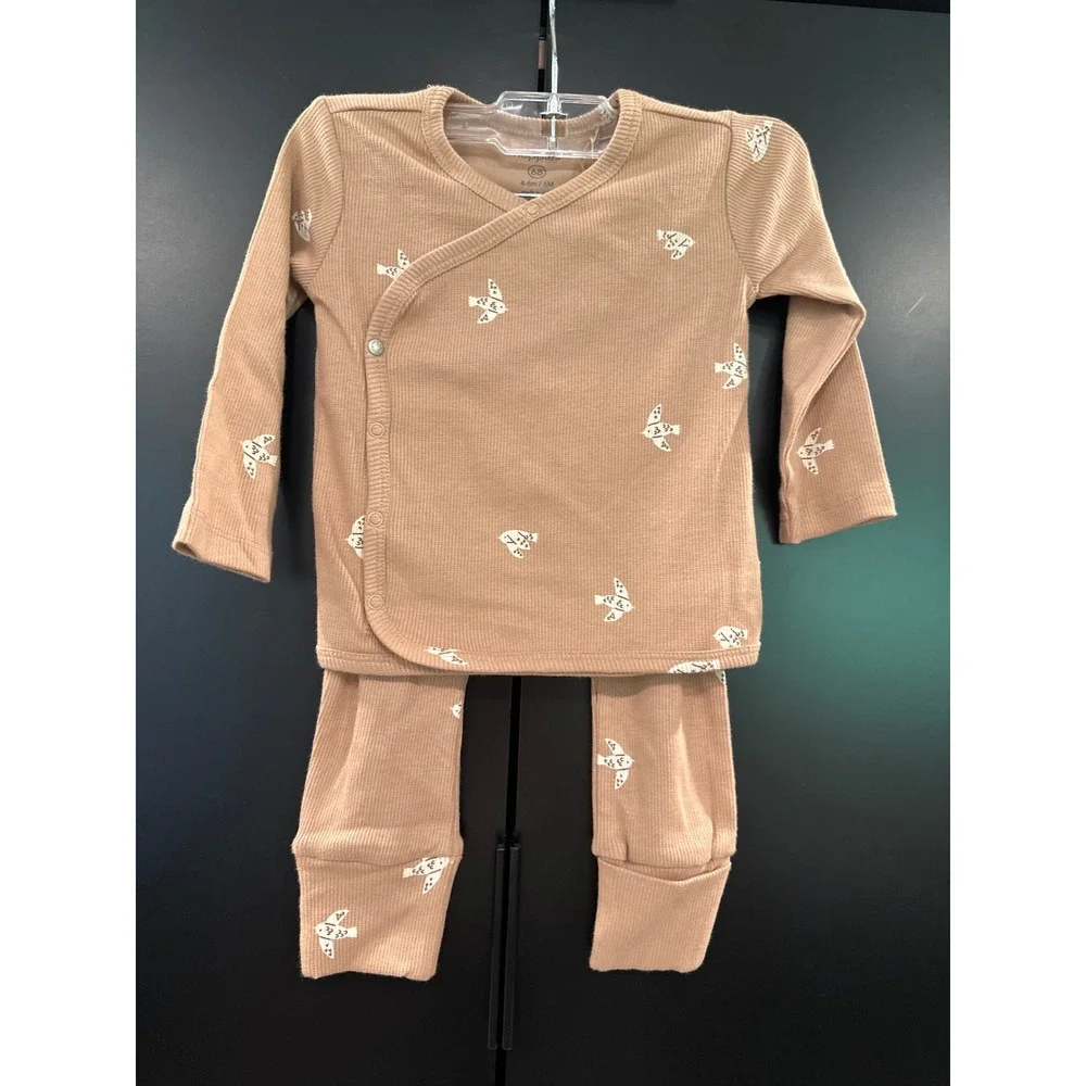 Noppies Baby Organic Cotton Ribbed Bird Print Wrap Top and Pants Set 6M